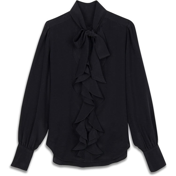 RUFFLE FRONT CREPE DE CHINE BLACK