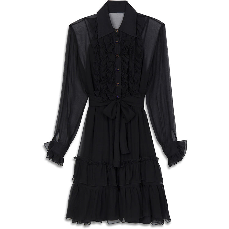 SILK CHIFFON RUFFLE DRESS BLACK