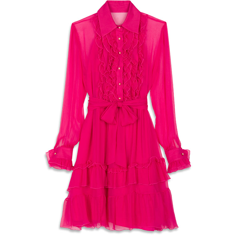 SILK CHIFFON RUFFLE DRESS HOT PINK