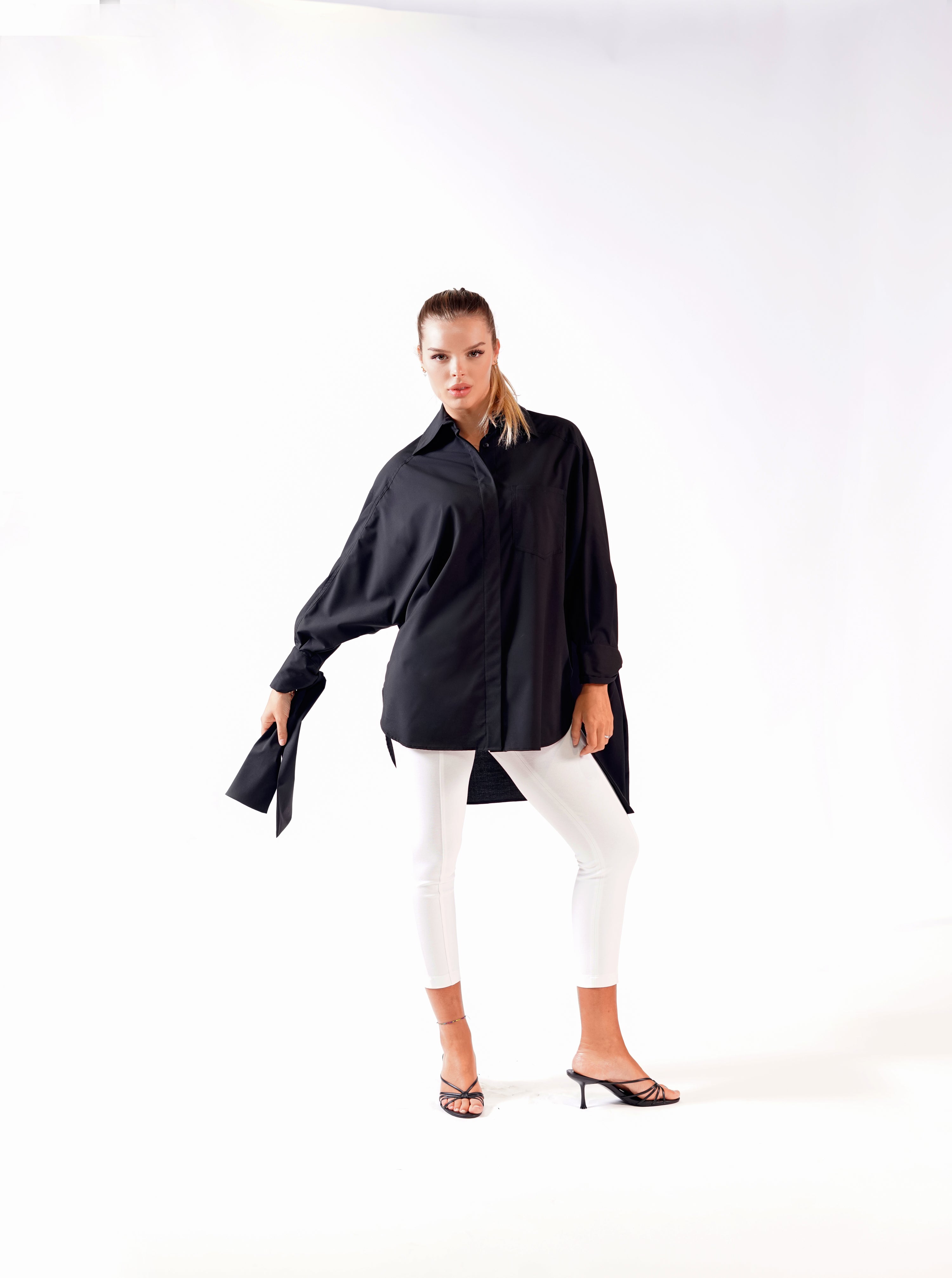TIE-WRIST OVERSIZED BUTTON DOWN BLACK
