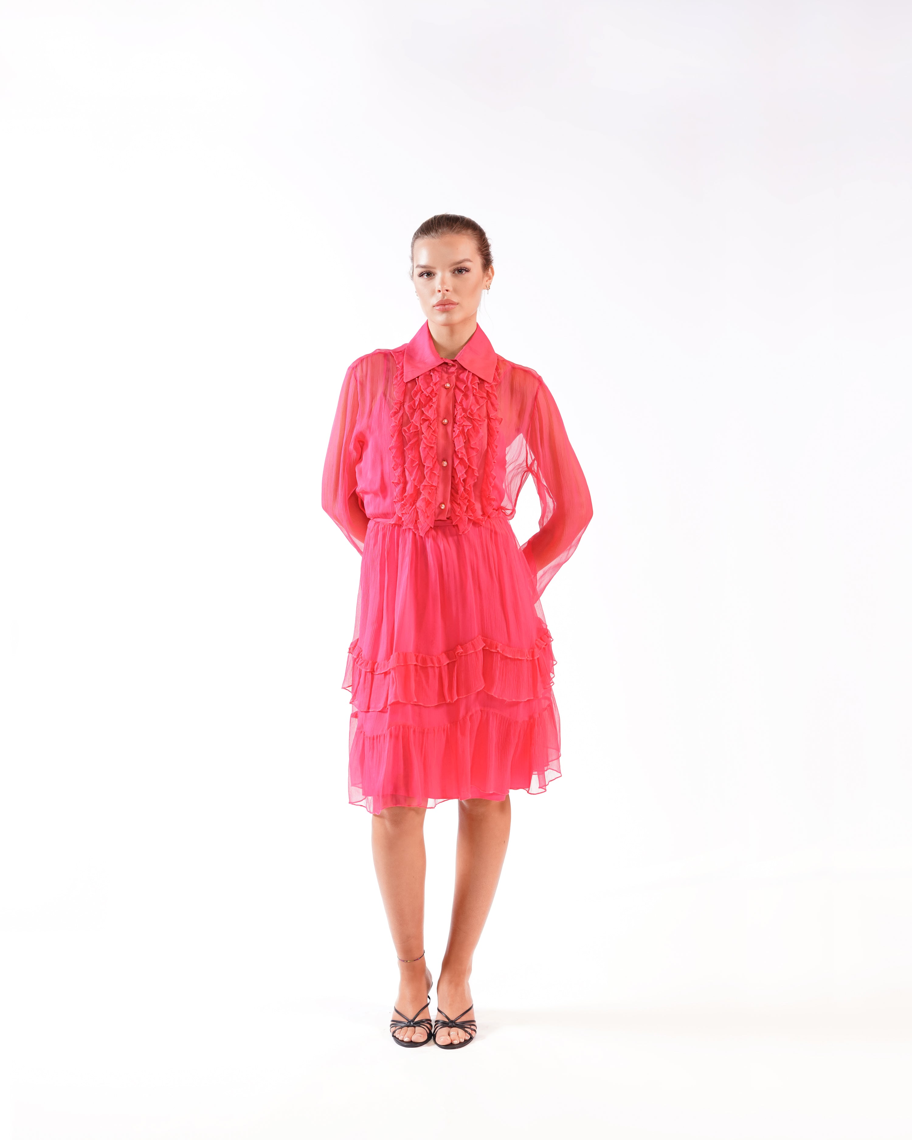 SILK CHIFFON RUFFLE DRESS HOT PINK