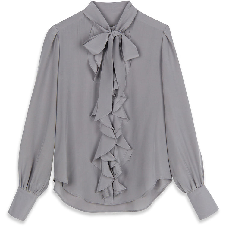 RUFFLE FRONT CREPE DE CHINE GREY