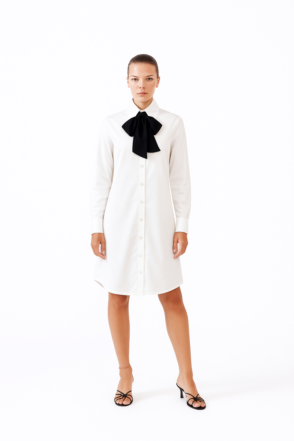 WHITE SILK BOW TIE DRESS W/ CONTRAST BOW