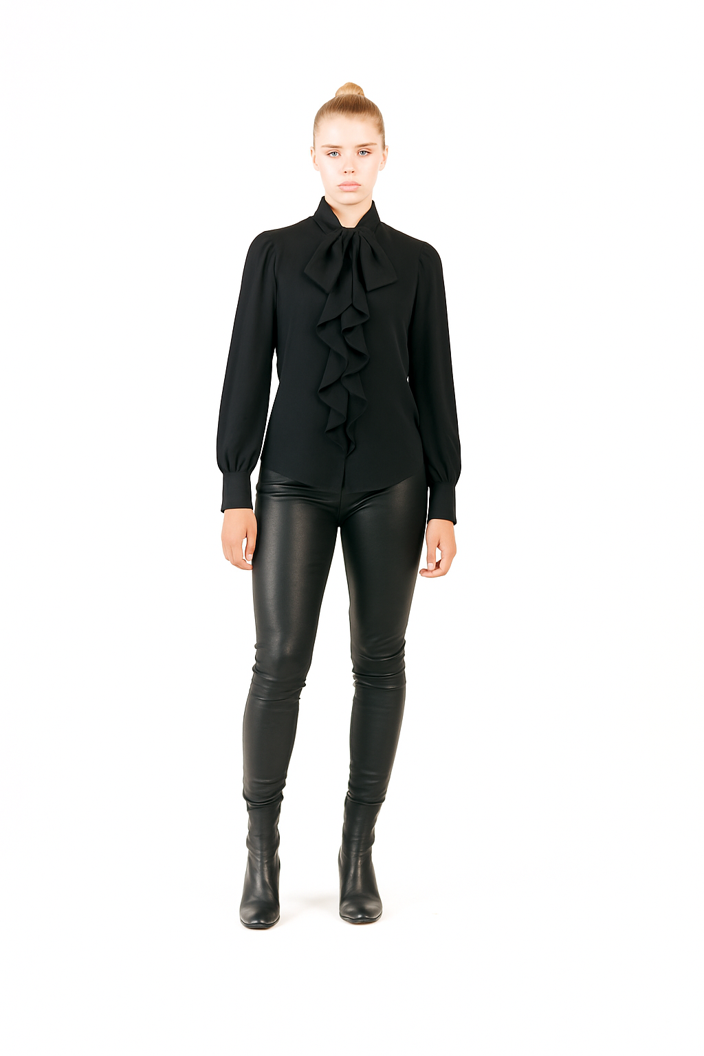 RUFFLE FRONT CREPE DE CHINE BLACK