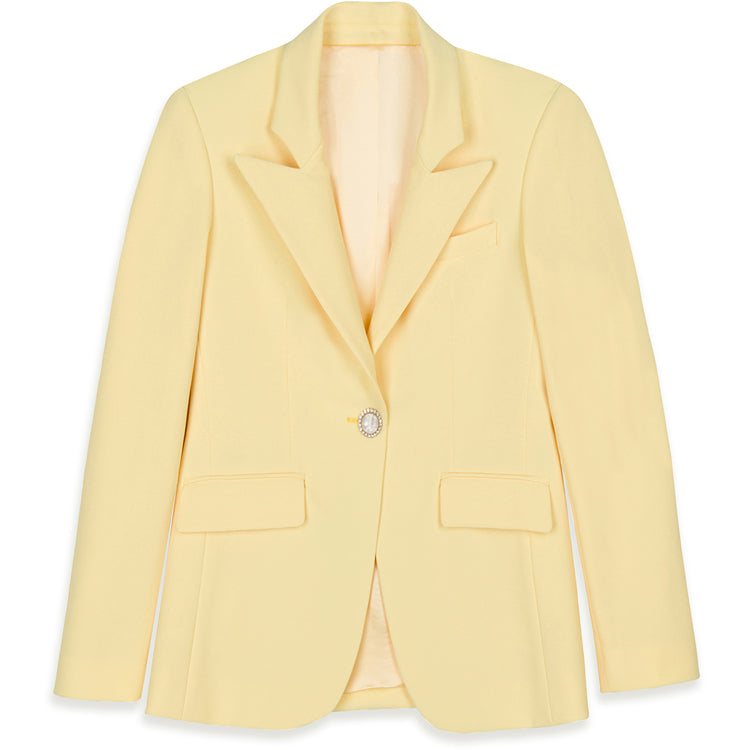 WOOL CREPE BLEND *SLIGHT STRETCH *SILK LINED *SINGLE JEWEL BUTTON *MADE IN THE USA Experience superior quality and craftsmanship with every wear. Our DIANA JACKET LEMON is crafted from a luxurious wool crepe blend and features a slight stretch for added comfort. The silk lining adds a touch of elegance, while the…