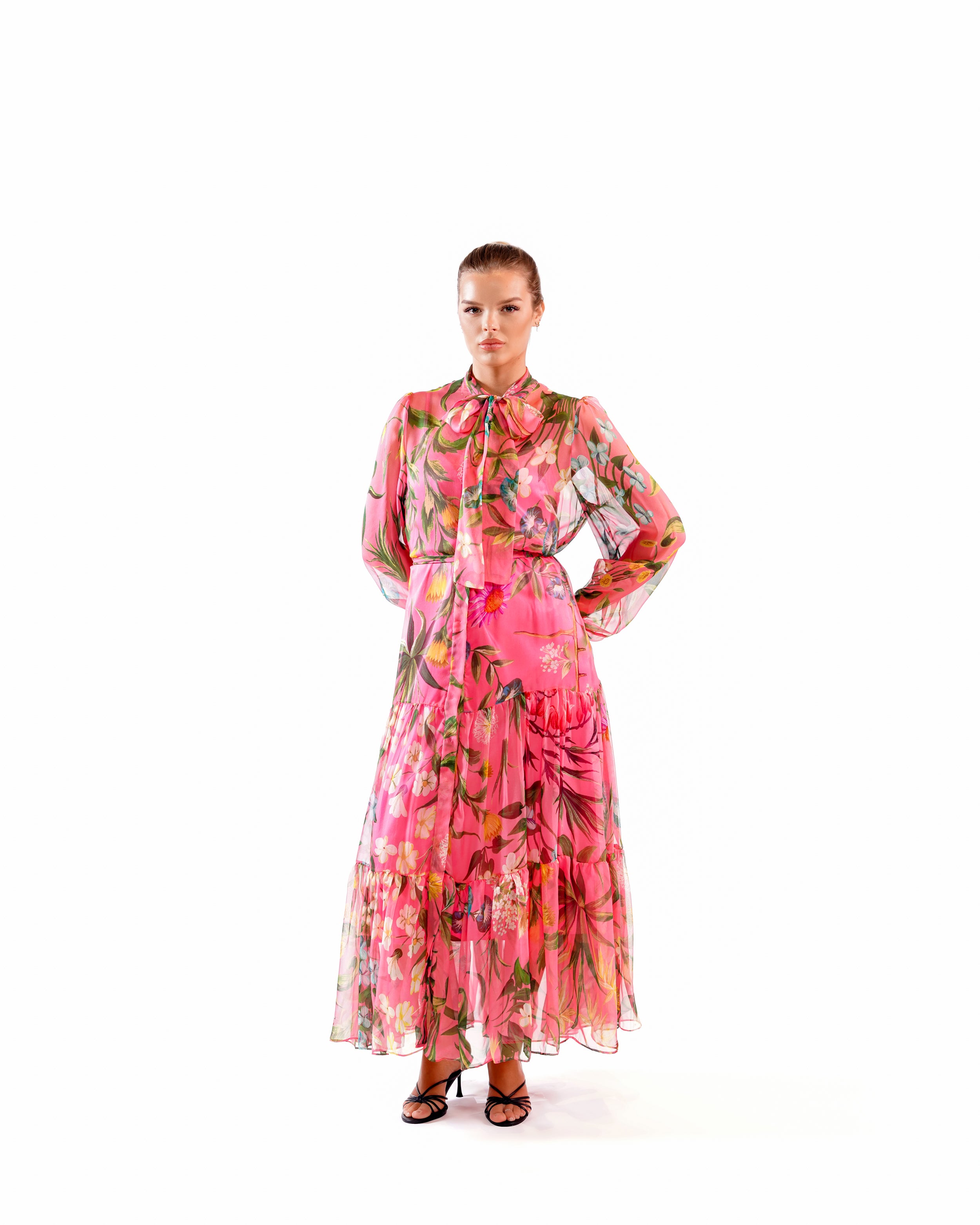 FLORAL SILK MAXI DRESS IN AZALEA