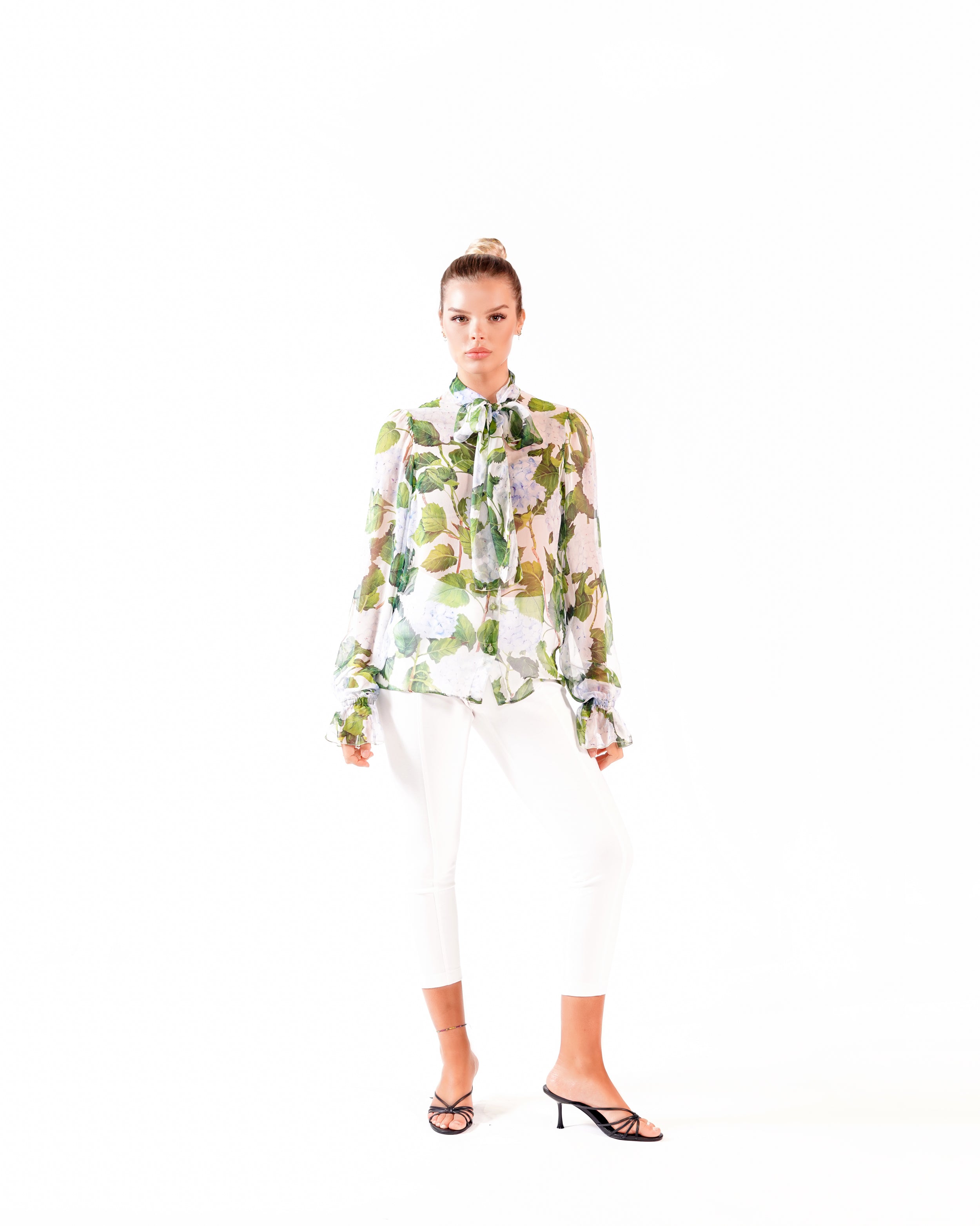 SILK FLORAL BLOUSE WHITE & GREEN