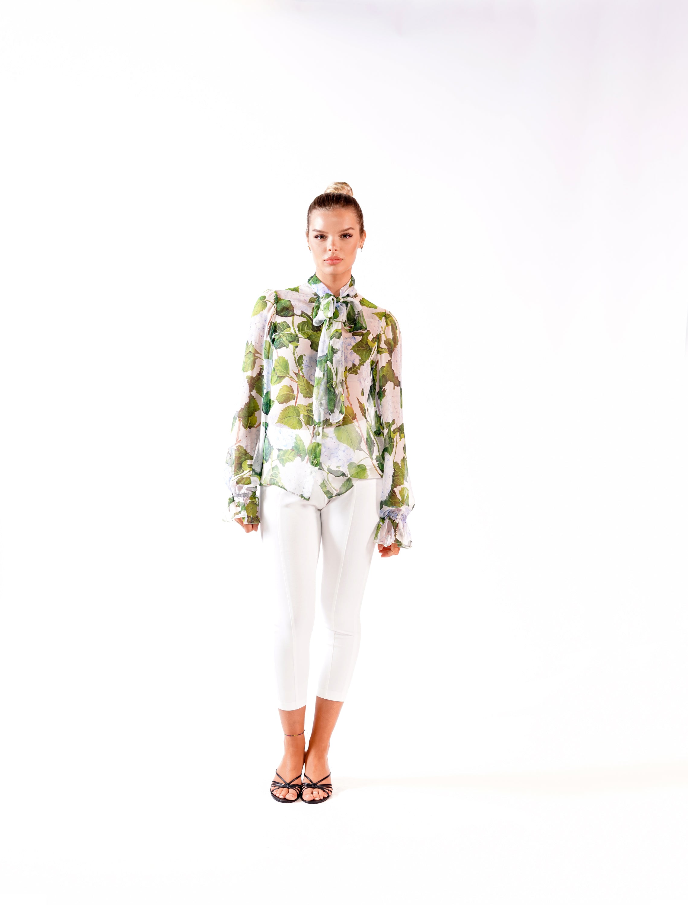 SILK FLORAL BLOUSE WHITE & GREEN
