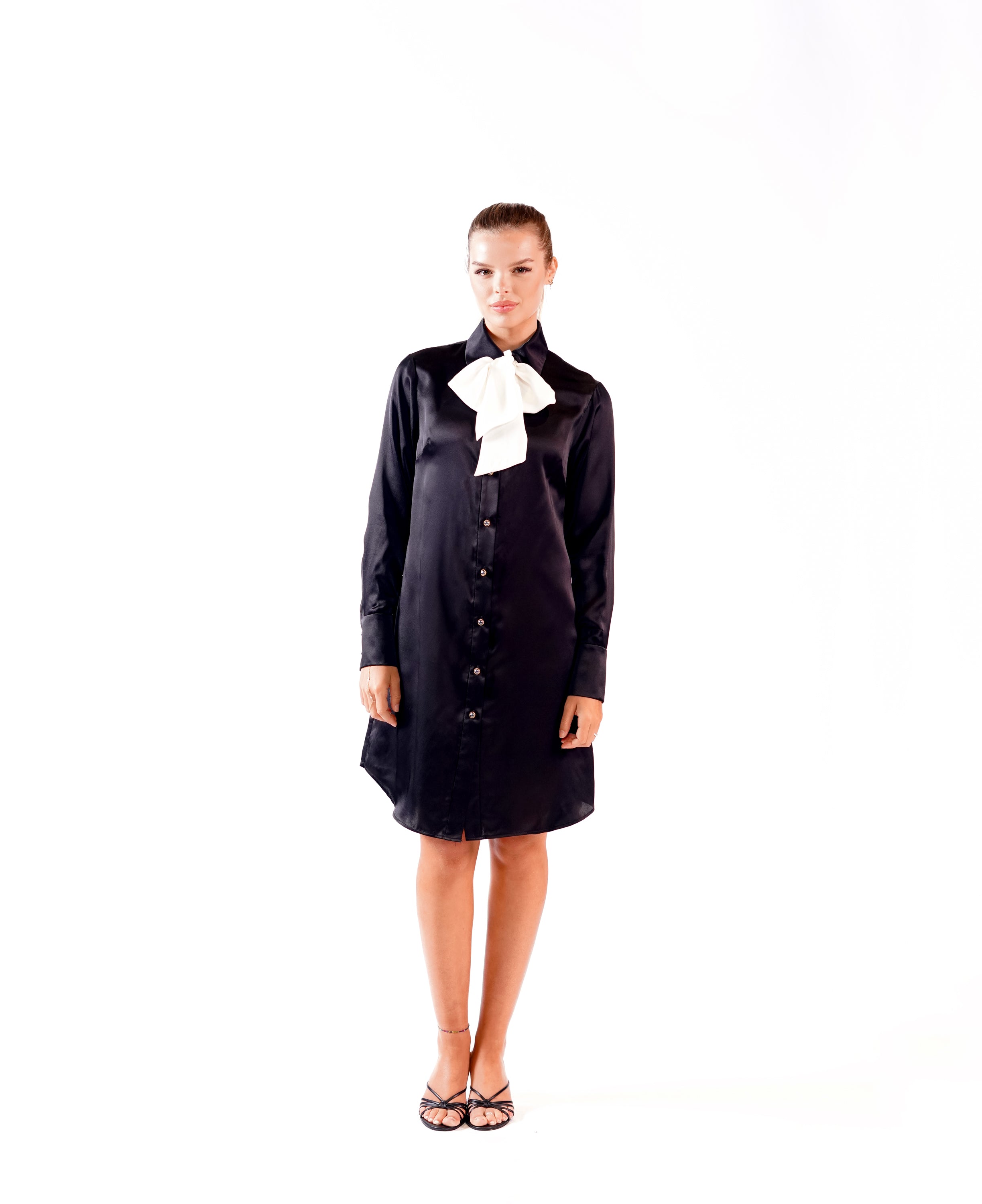 BLACK SILK BOW TIE DRESS W/ CONTRAST BOW