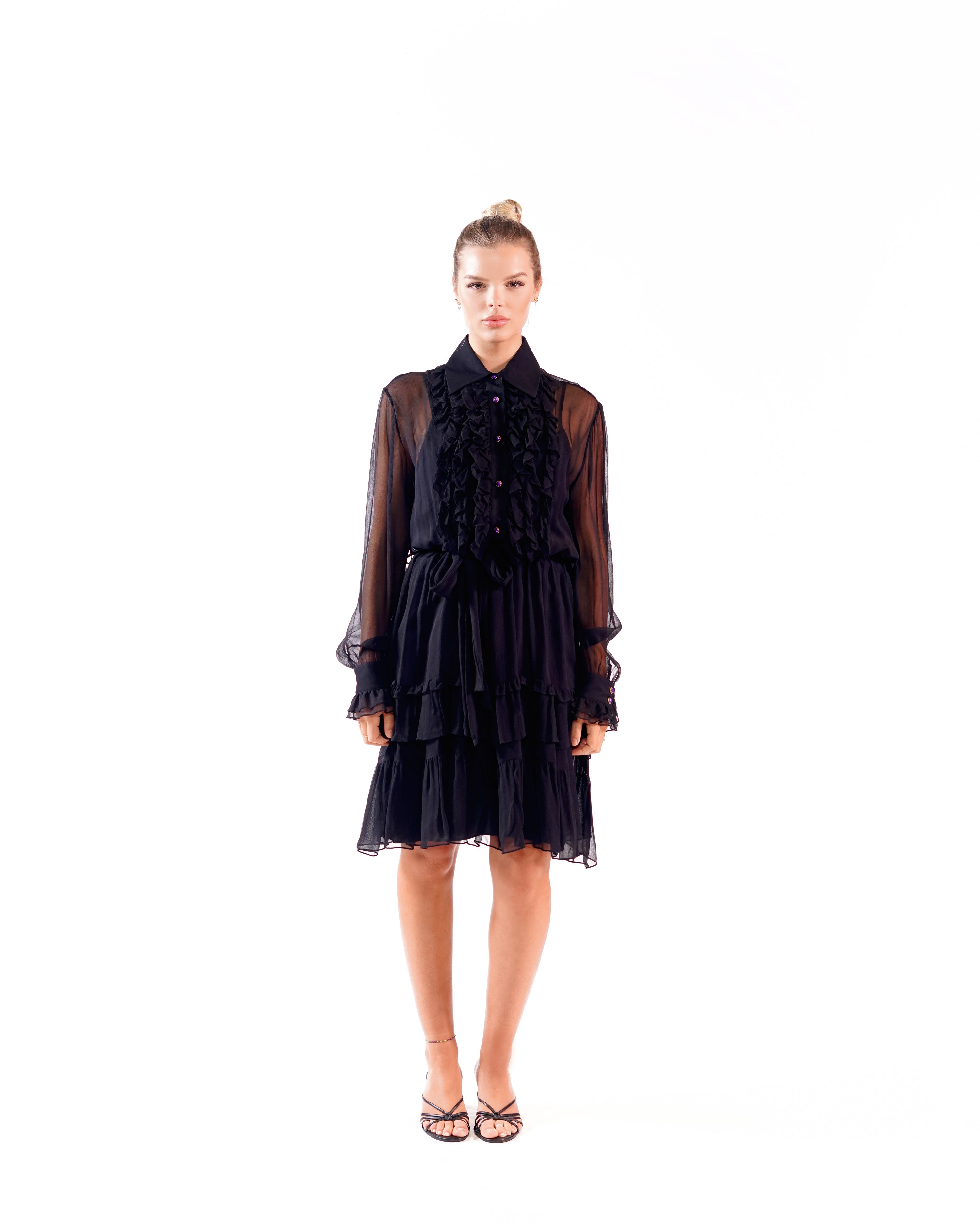 SILK CHIFFON RUFFLE DRESS BLACK