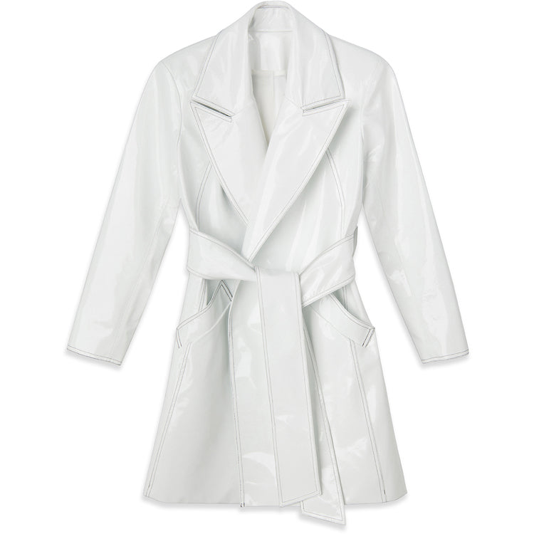 PATENT LEATHER MID- LENGTH TRENCH COAT /W TIE BELT